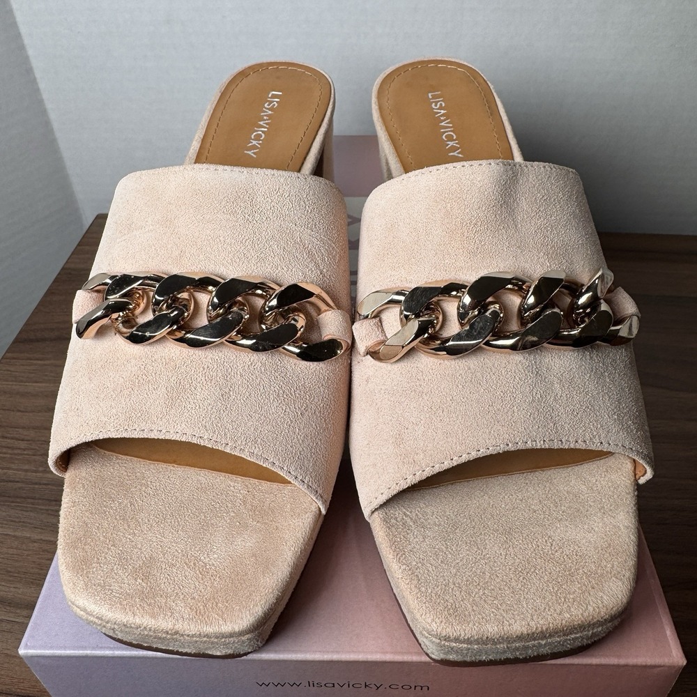 Lisa Vicky Magnetic2V Tinder Pink Suede SlipOn Heel‎ Sandal Gold Chain 7M New - Picture 2 of 8